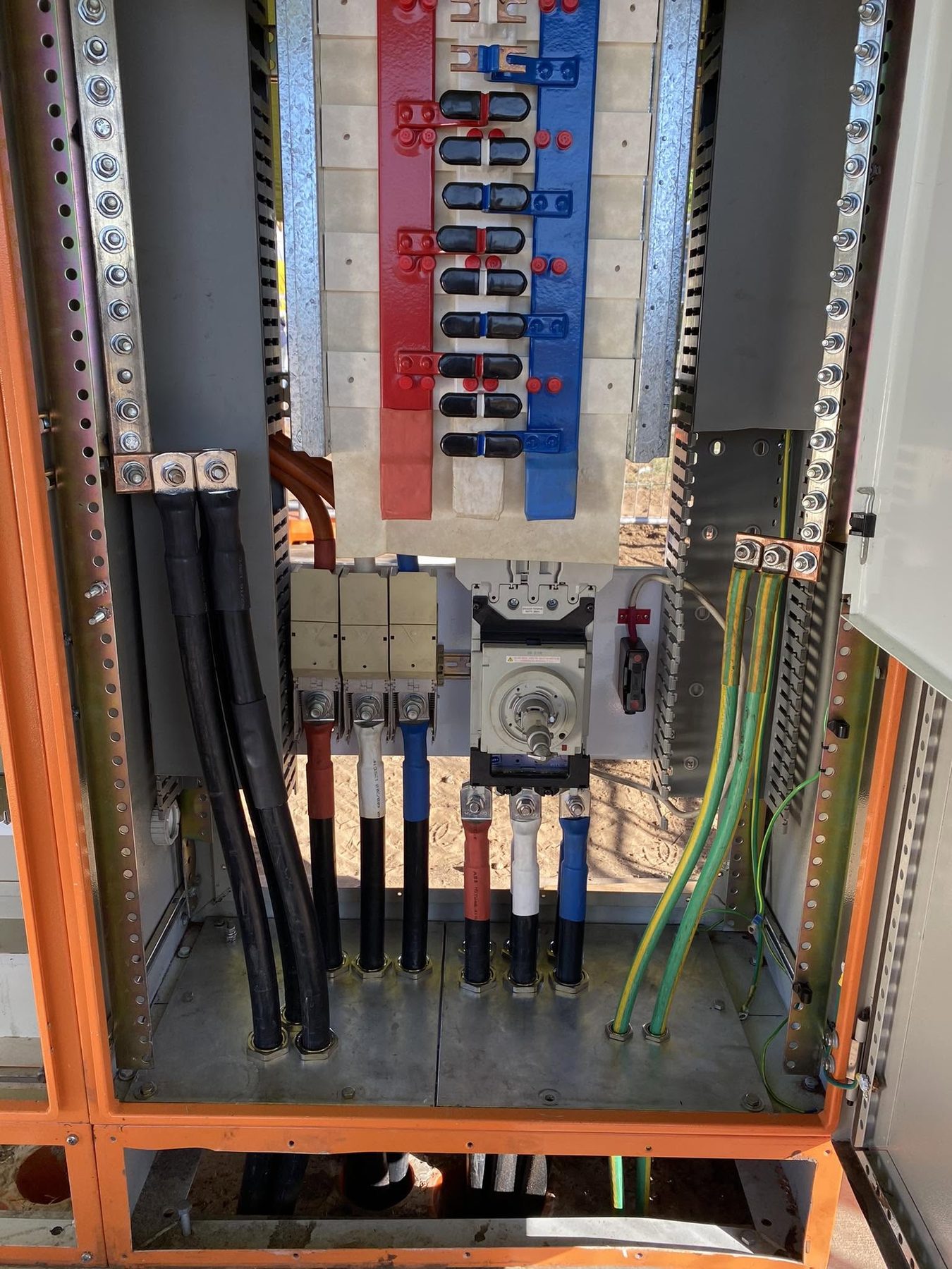A three phase main switchboard installed by Grab a Sparky, busbar and cables terminated and glanded